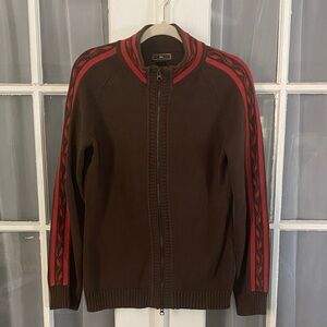 Vintage REI Brown Knit Full Zip-Up Sweater with Red/Orange Accents Fall
